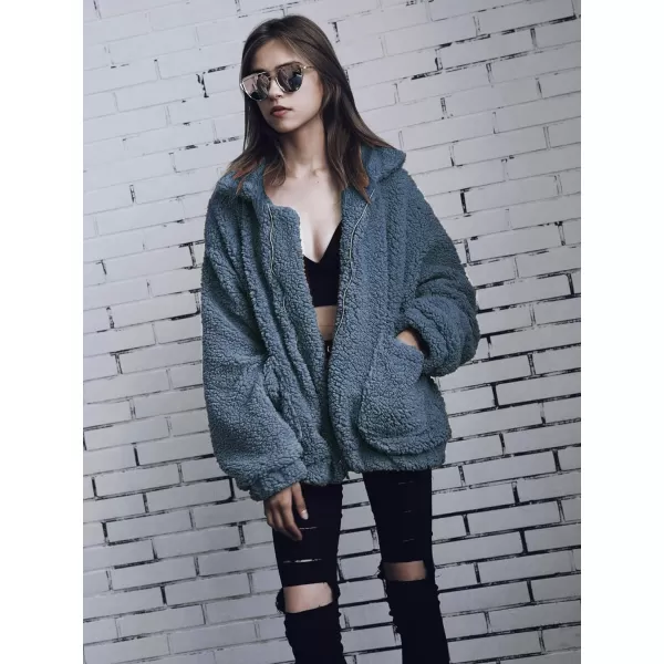 imagePRETTYGARDEN Womens 2023 Fashion Winter Coat Long Sleeve Lapel Zip Up Faux Shearling Shaggy Oversized Shacket JacketGrey Blue