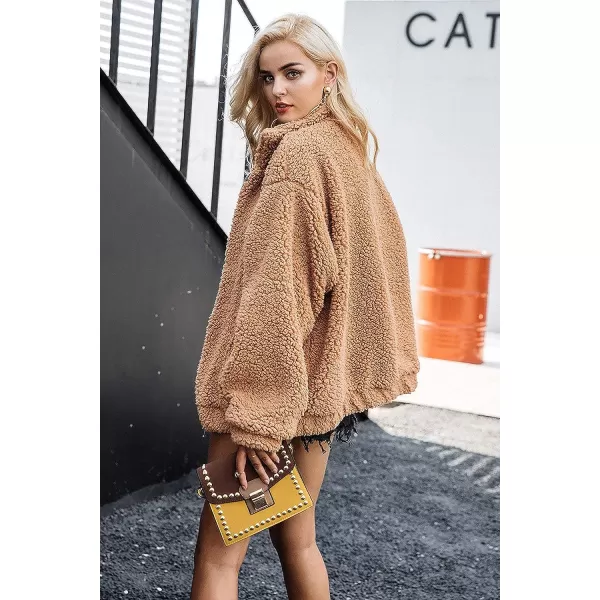 imagePRETTYGARDEN Womens 2023 Fashion Winter Coat Long Sleeve Lapel Zip Up Faux Shearling Shaggy Oversized Shacket JacketKhaki