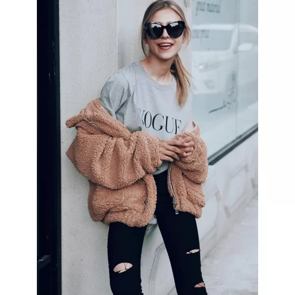 imagePRETTYGARDEN Womens 2023 Fashion Winter Coat Long Sleeve Lapel Zip Up Faux Shearling Shaggy Oversized Shacket JacketKhaki