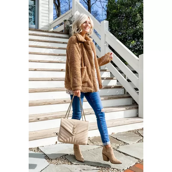 imagePRETTYGARDEN Womens 2023 Fashion Winter Coat Long Sleeve Lapel Zip Up Faux Shearling Shaggy Oversized Shacket JacketKhaki