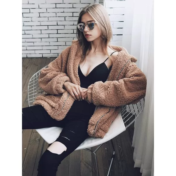 imagePRETTYGARDEN Womens 2023 Fashion Winter Coat Long Sleeve Lapel Zip Up Faux Shearling Shaggy Oversized Shacket JacketKhaki