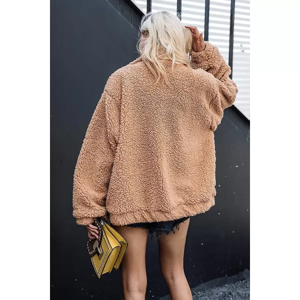 imagePRETTYGARDEN Womens 2023 Fashion Winter Coat Long Sleeve Lapel Zip Up Faux Shearling Shaggy Oversized Shacket JacketKhaki