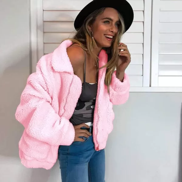 imagePRETTYGARDEN Womens 2023 Fashion Winter Coat Long Sleeve Lapel Zip Up Faux Shearling Shaggy Oversized Shacket JacketPink