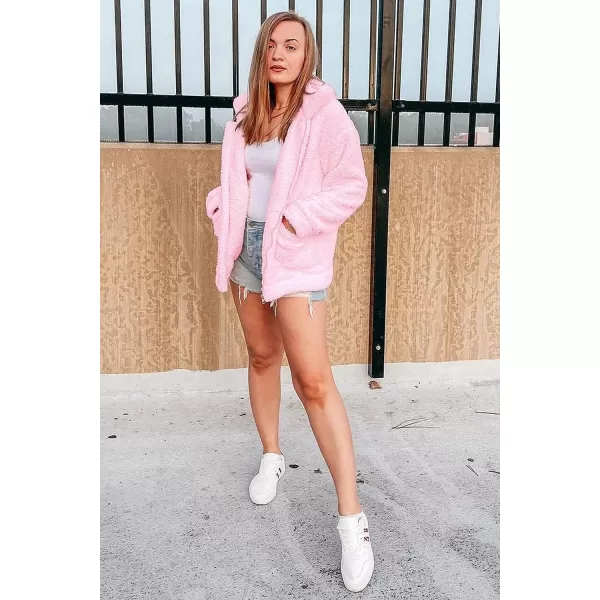 imagePRETTYGARDEN Womens 2023 Fashion Winter Coat Long Sleeve Lapel Zip Up Faux Shearling Shaggy Oversized Shacket JacketPink