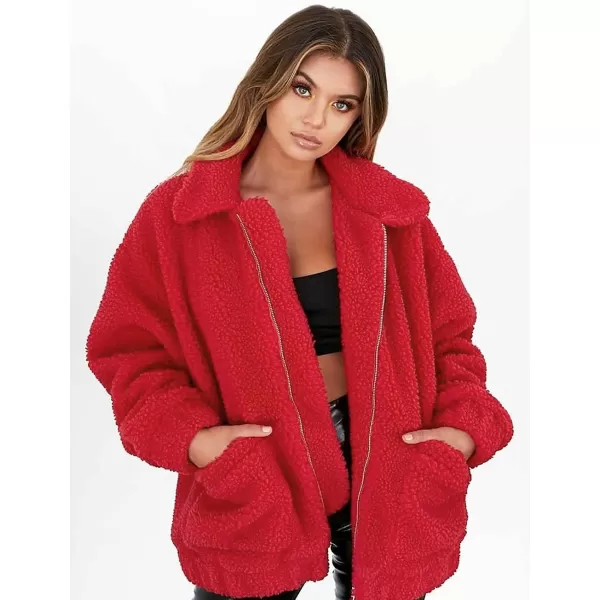 imagePRETTYGARDEN Womens 2023 Fashion Winter Coat Long Sleeve Lapel Zip Up Faux Shearling Shaggy Oversized Shacket JacketRed