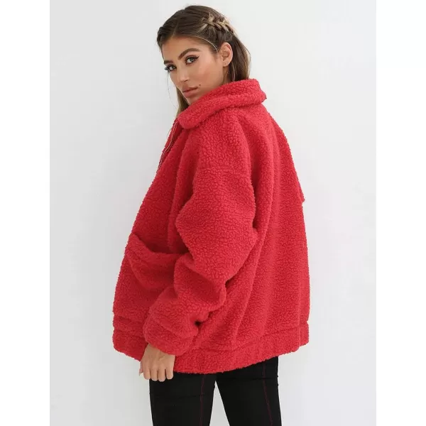 imagePRETTYGARDEN Womens 2023 Fashion Winter Coat Long Sleeve Lapel Zip Up Faux Shearling Shaggy Oversized Shacket JacketRed