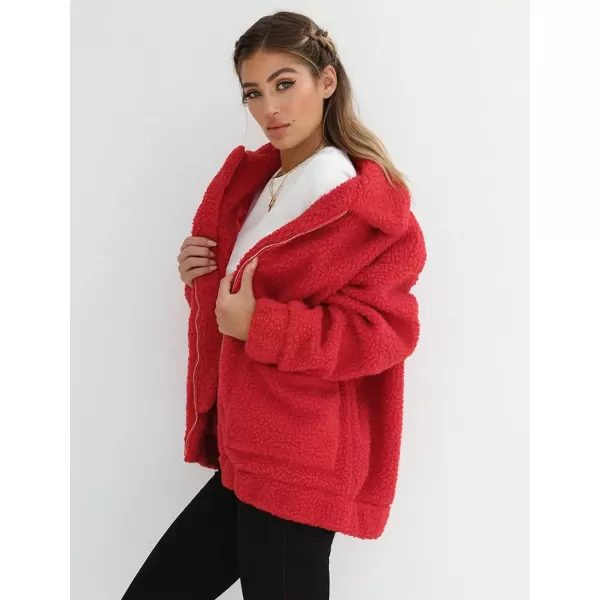 imagePRETTYGARDEN Womens 2023 Fashion Winter Coat Long Sleeve Lapel Zip Up Faux Shearling Shaggy Oversized Shacket JacketRed
