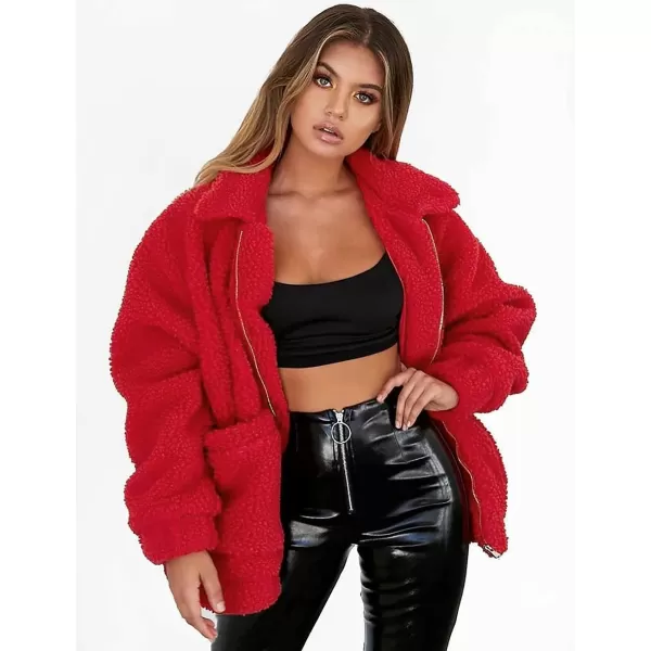 imagePRETTYGARDEN Womens 2023 Fashion Winter Coat Long Sleeve Lapel Zip Up Faux Shearling Shaggy Oversized Shacket JacketRed