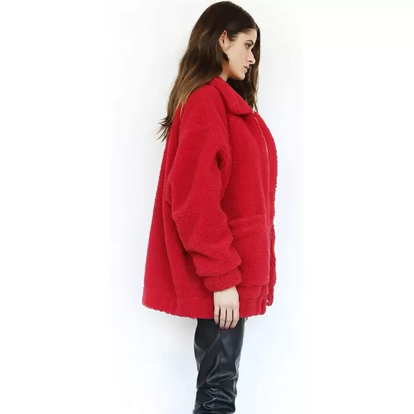 imagePRETTYGARDEN Womens 2023 Fashion Winter Coat Long Sleeve Lapel Zip Up Faux Shearling Shaggy Oversized Shacket JacketRed