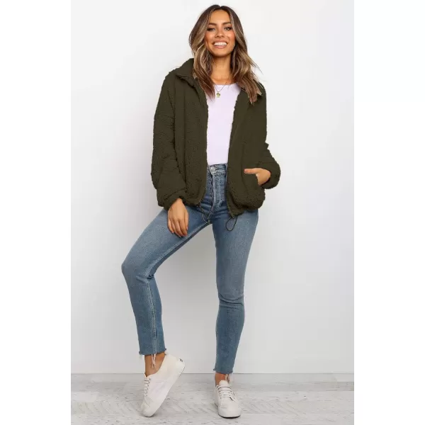 imagePRETTYGARDEN Womens 2023 Fashion Winter Coat Long Sleeve Lapel Zip Up Faux Shearling Shaggy Oversized Shacket JacketStyle One Army Green