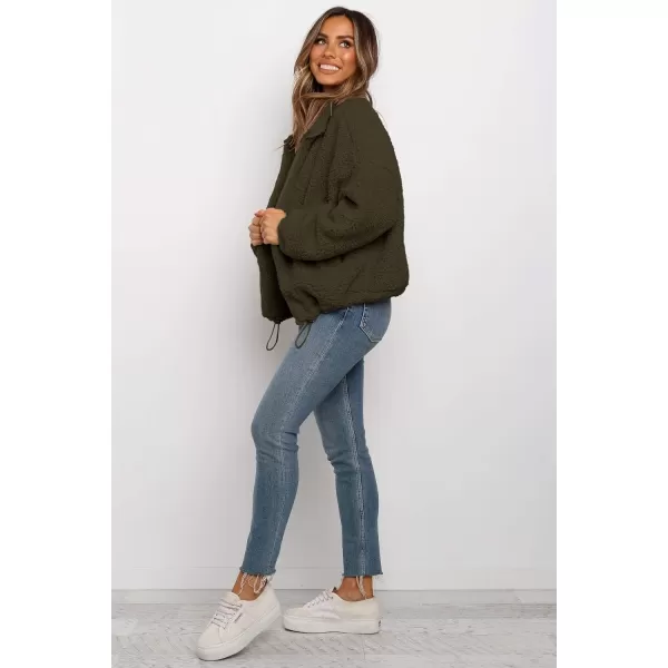 imagePRETTYGARDEN Womens 2023 Fashion Winter Coat Long Sleeve Lapel Zip Up Faux Shearling Shaggy Oversized Shacket JacketStyle One Army Green