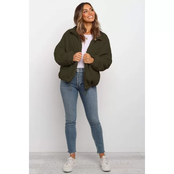 imagePRETTYGARDEN Womens 2023 Fashion Winter Coat Long Sleeve Lapel Zip Up Faux Shearling Shaggy Oversized Shacket JacketStyle One Army Green