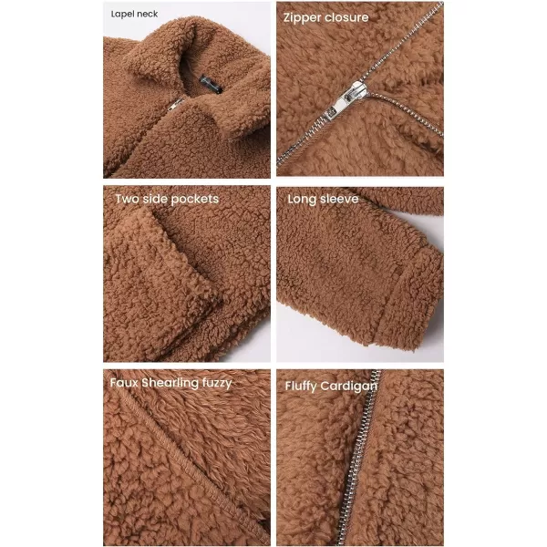 imagePRETTYGARDEN Womens 2023 Fashion Winter Coat Long Sleeve Lapel Zip Up Faux Shearling Shaggy Oversized Shacket JacketStyle One Camel