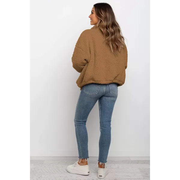 imagePRETTYGARDEN Womens 2023 Fashion Winter Coat Long Sleeve Lapel Zip Up Faux Shearling Shaggy Oversized Shacket JacketStyle One Camel