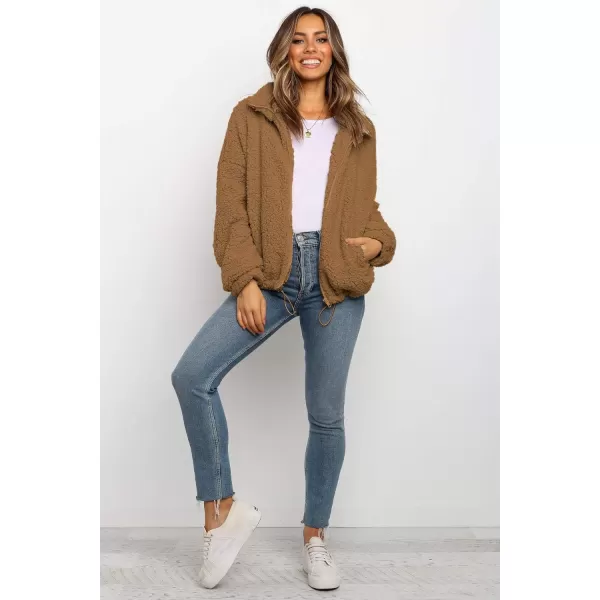 imagePRETTYGARDEN Womens 2023 Fashion Winter Coat Long Sleeve Lapel Zip Up Faux Shearling Shaggy Oversized Shacket JacketStyle One Camel