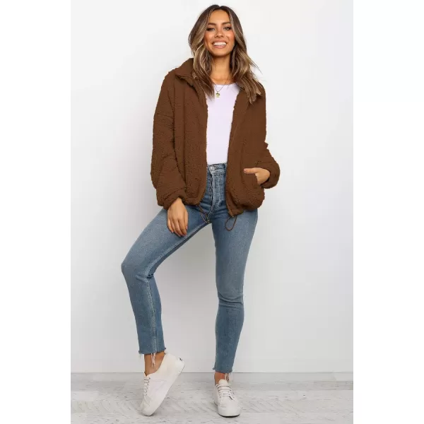 imagePRETTYGARDEN Womens 2023 Fashion Winter Coat Long Sleeve Lapel Zip Up Faux Shearling Shaggy Oversized Shacket JacketStyle One Coffee