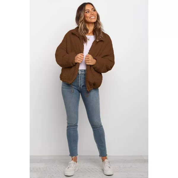 imagePRETTYGARDEN Womens 2023 Fashion Winter Coat Long Sleeve Lapel Zip Up Faux Shearling Shaggy Oversized Shacket JacketStyle One Coffee