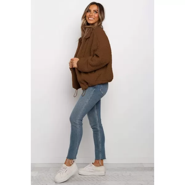 imagePRETTYGARDEN Womens 2023 Fashion Winter Coat Long Sleeve Lapel Zip Up Faux Shearling Shaggy Oversized Shacket JacketStyle One Coffee