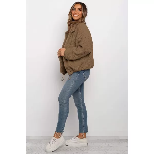 imagePRETTYGARDEN Womens 2023 Fashion Winter Coat Long Sleeve Lapel Zip Up Faux Shearling Shaggy Oversized Shacket JacketStyle One Khaki
