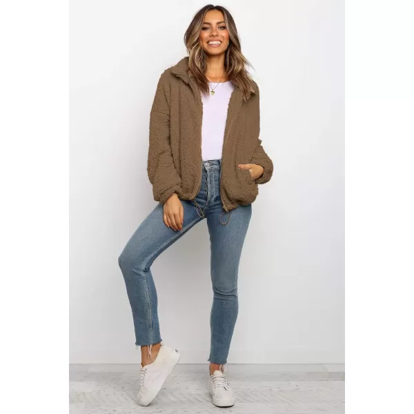 imagePRETTYGARDEN Womens 2023 Fashion Winter Coat Long Sleeve Lapel Zip Up Faux Shearling Shaggy Oversized Shacket JacketStyle One Khaki
