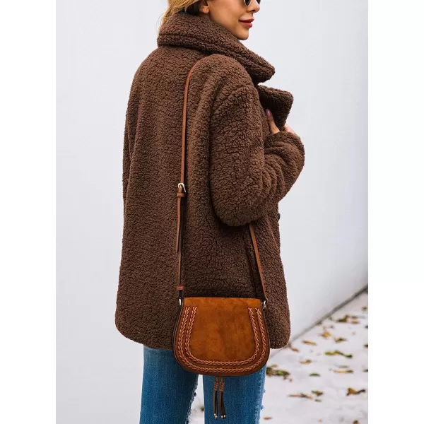 imagePRETTYGARDEN Womens 2023 Fashion Winter Coat Long Sleeve Lapel Zip Up Faux Shearling Shaggy Oversized Shacket JacketStyle Two Coffee