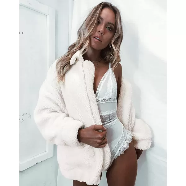 imagePRETTYGARDEN Womens 2023 Fashion Winter Coat Long Sleeve Lapel Zip Up Faux Shearling Shaggy Oversized Shacket JacketWhite