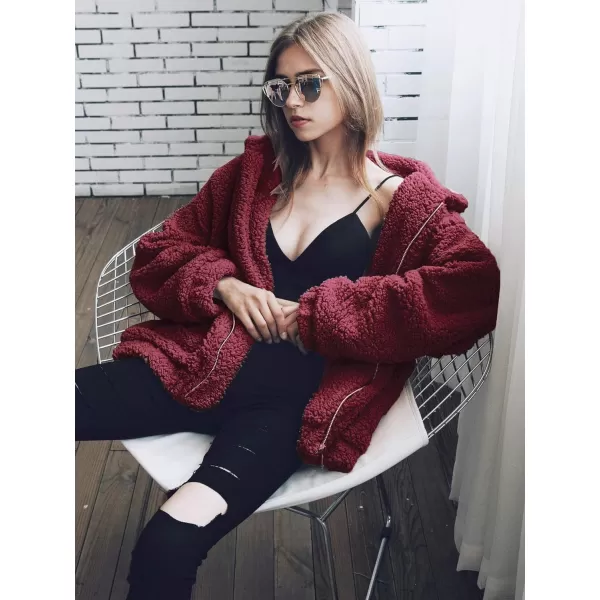 imagePRETTYGARDEN Womens 2023 Fashion Winter Coat Long Sleeve Lapel Zip Up Faux Shearling Shaggy Oversized Shacket JacketWine Red