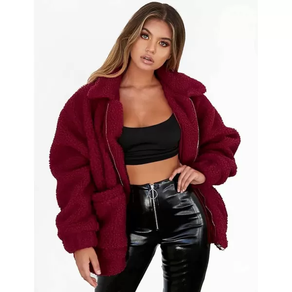 imagePRETTYGARDEN Womens 2023 Fashion Winter Coat Long Sleeve Lapel Zip Up Faux Shearling Shaggy Oversized Shacket JacketWine Red