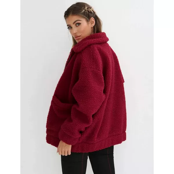 imagePRETTYGARDEN Womens 2023 Fashion Winter Coat Long Sleeve Lapel Zip Up Faux Shearling Shaggy Oversized Shacket JacketWine Red