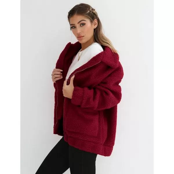 imagePRETTYGARDEN Womens 2023 Fashion Winter Coat Long Sleeve Lapel Zip Up Faux Shearling Shaggy Oversized Shacket JacketWine Red