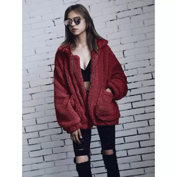 imagePRETTYGARDEN Womens 2023 Fashion Winter Coat Long Sleeve Lapel Zip Up Faux Shearling Shaggy Oversized Shacket JacketWine Red