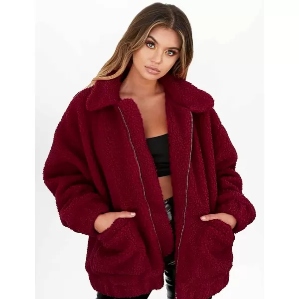 imagePRETTYGARDEN Womens 2023 Fashion Winter Coat Long Sleeve Lapel Zip Up Faux Shearling Shaggy Oversized Shacket JacketWine Red