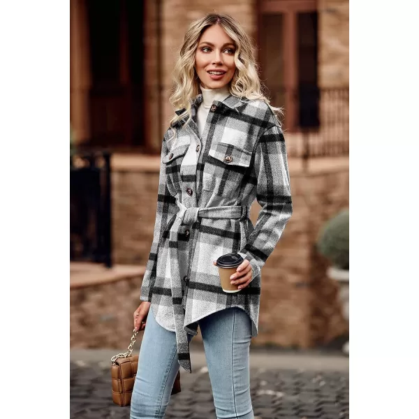 imagePRETTYGARDEN Womens 2023 Fashion Winter Trench Coats Lapel Button Down Peacoat Belted Outwear Casual JacketsPlaid Black White