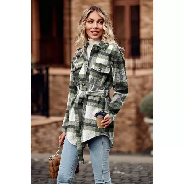 imagePRETTYGARDEN Womens 2023 Fashion Winter Trench Coats Lapel Button Down Peacoat Belted Outwear Casual JacketsPlaid Green White