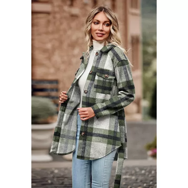 imagePRETTYGARDEN Womens 2023 Fashion Winter Trench Coats Lapel Button Down Peacoat Belted Outwear Casual JacketsPlaid Green White