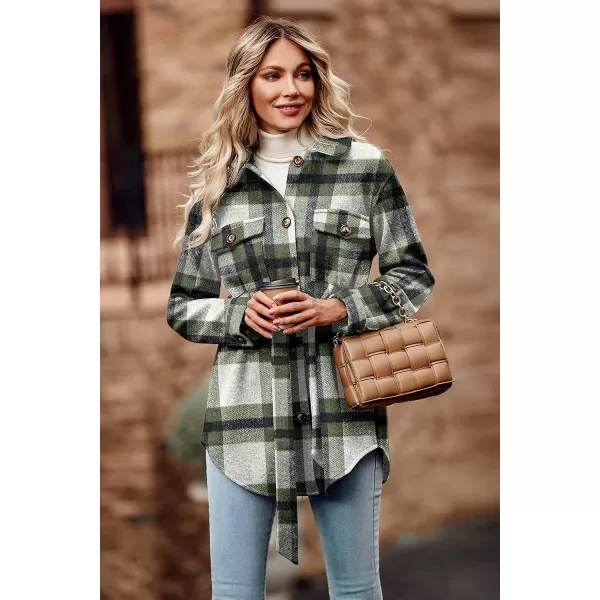 imagePRETTYGARDEN Womens 2023 Fashion Winter Trench Coats Lapel Button Down Peacoat Belted Outwear Casual JacketsPlaid Green White