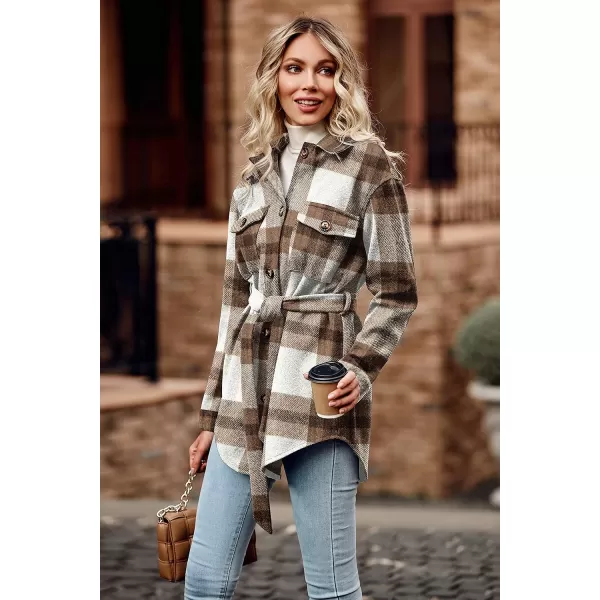 imagePRETTYGARDEN Womens 2023 Fashion Winter Trench Coats Lapel Button Down Peacoat Belted Outwear Casual JacketsPlaid Khaki White