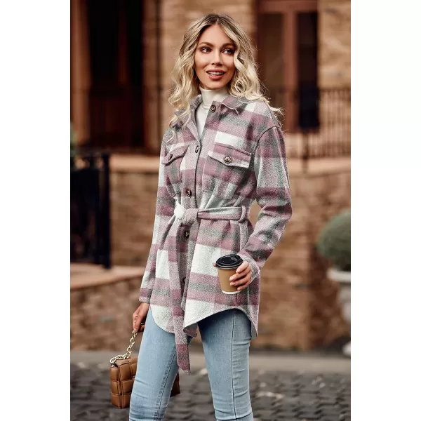 imagePRETTYGARDEN Womens 2023 Fashion Winter Trench Coats Lapel Button Down Peacoat Belted Outwear Casual JacketsPlaid Pink White