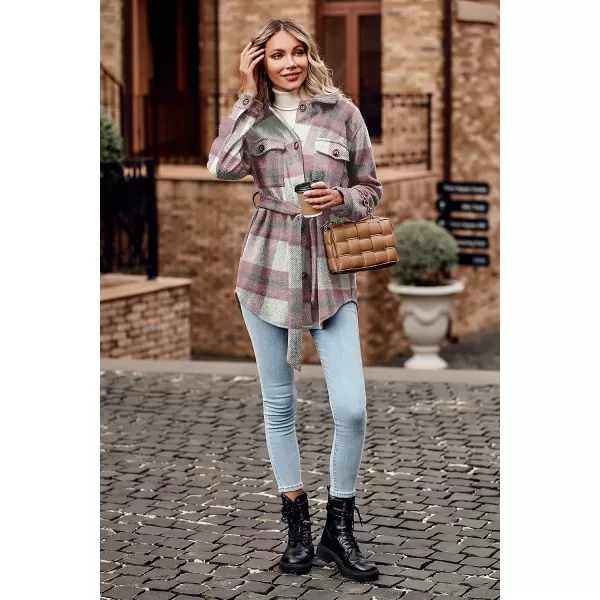 imagePRETTYGARDEN Womens 2023 Fashion Winter Trench Coats Lapel Button Down Peacoat Belted Outwear Casual JacketsPlaid Pink White
