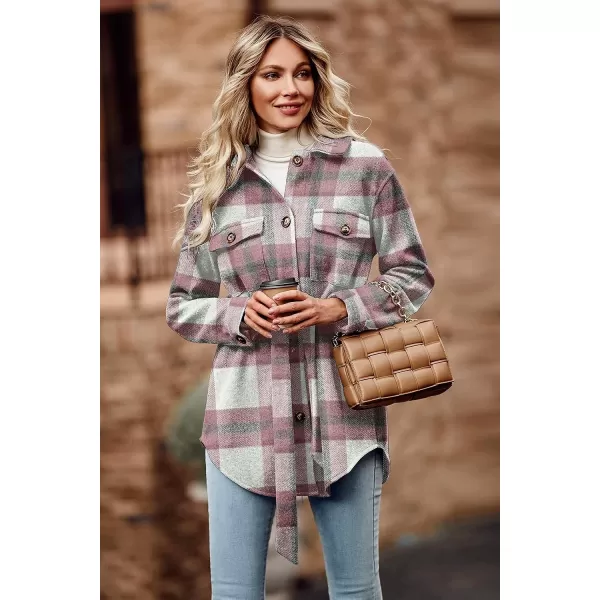 imagePRETTYGARDEN Womens 2023 Fashion Winter Trench Coats Lapel Button Down Peacoat Belted Outwear Casual JacketsPlaid Pink White