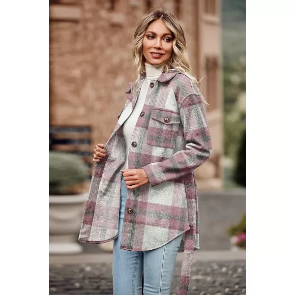 imagePRETTYGARDEN Womens 2023 Fashion Winter Trench Coats Lapel Button Down Peacoat Belted Outwear Casual JacketsPlaid Pink White