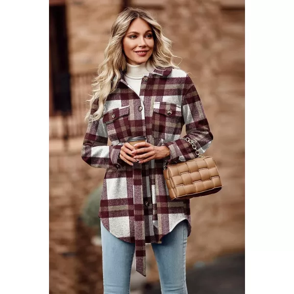 imagePRETTYGARDEN Womens 2023 Fashion Winter Trench Coats Lapel Button Down Peacoat Belted Outwear Casual JacketsPlaid Red White