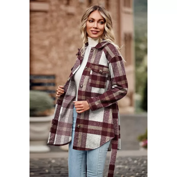imagePRETTYGARDEN Womens 2023 Fashion Winter Trench Coats Lapel Button Down Peacoat Belted Outwear Casual JacketsPlaid Red White