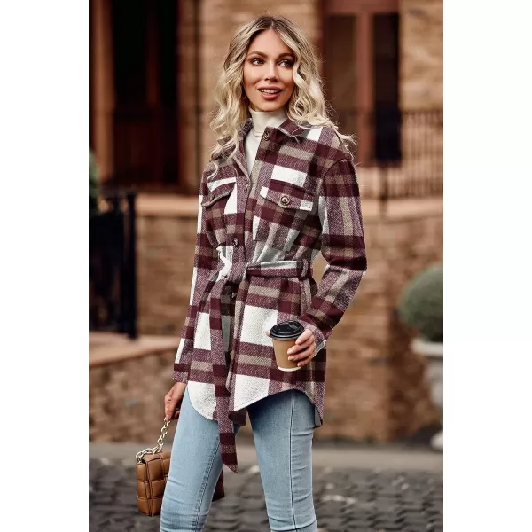 imagePRETTYGARDEN Womens 2023 Fashion Winter Trench Coats Lapel Button Down Peacoat Belted Outwear Casual JacketsPlaid Red White
