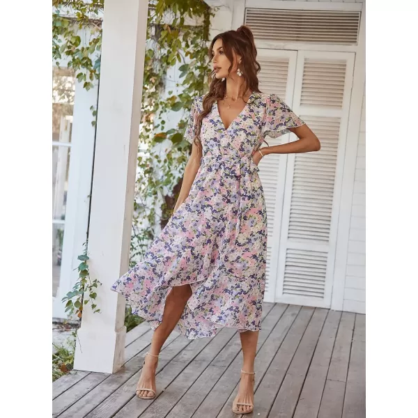 imagePRETTYGARDEN Womens 2023 Floral Boho Dress Wrap V Neck Short Sleeve Belted Ruffle Hem ALine Flowy Maxi DressesApricot Floral