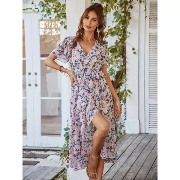 imagePRETTYGARDEN Womens 2023 Floral Boho Dress Wrap V Neck Short Sleeve Belted Ruffle Hem ALine Flowy Maxi DressesApricot Floral