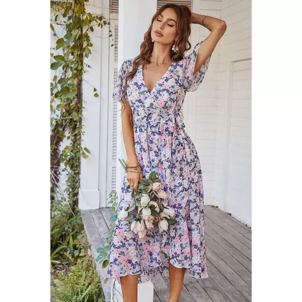 imagePRETTYGARDEN Womens 2023 Floral Boho Dress Wrap V Neck Short Sleeve Belted Ruffle Hem ALine Flowy Maxi DressesApricot Floral