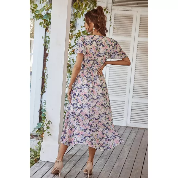 imagePRETTYGARDEN Womens 2023 Floral Boho Dress Wrap V Neck Short Sleeve Belted Ruffle Hem ALine Flowy Maxi DressesApricot Floral