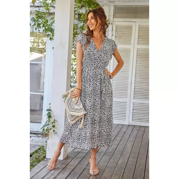 imagePRETTYGARDEN Womens 2023 Floral Boho Dress Wrap V Neck Short Sleeve Belted Ruffle Hem ALine Flowy Maxi DressesBlack