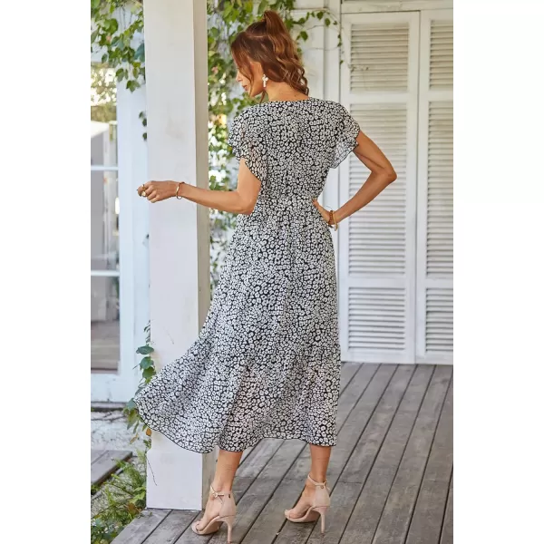 imagePRETTYGARDEN Womens 2023 Floral Boho Dress Wrap V Neck Short Sleeve Belted Ruffle Hem ALine Flowy Maxi DressesBlack